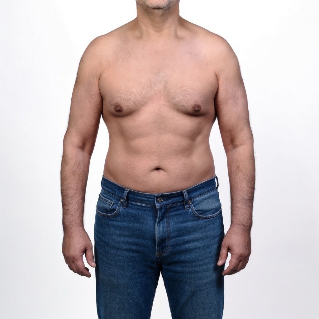 Post operative frontal view of a male patient following comprehensive post bariatric body contouring surgery at Dina Elite, Cairo, showcasing a flat abdomen, defined chest, and tightened skin results 