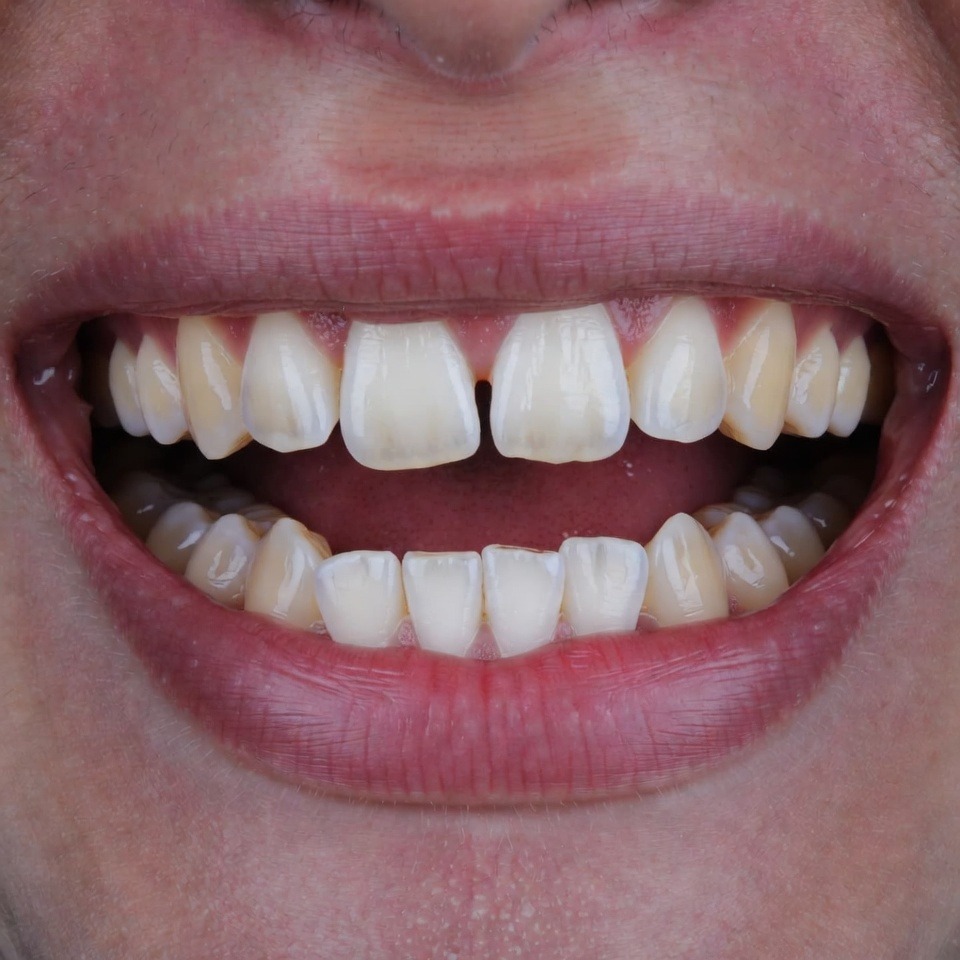 Close up dental photography showing misaligned teeth and dental crowding before Invisalign or Clear Aligner treatment at Dina Elite 