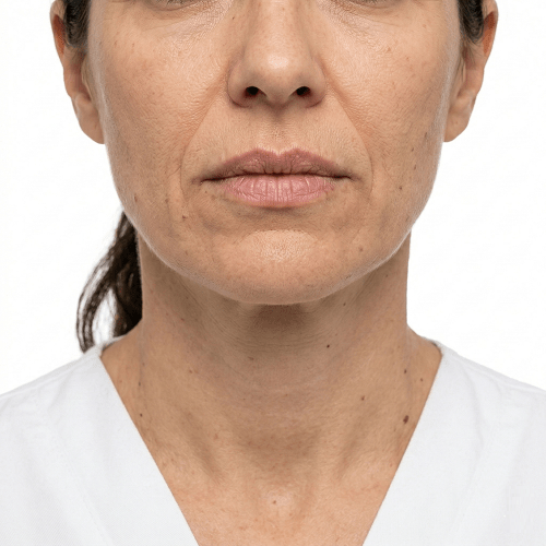 Clinical close up of a middle aged female patient showing natural facial aging, prominent nasolabial folds, and lip volume loss before Botox and Dermal Filler treatment at Maraya Clinic, Heliopolis, Cairo  Assessment for elite medical tourism patients from Saudi Arabia, Jordan, and the UAE 