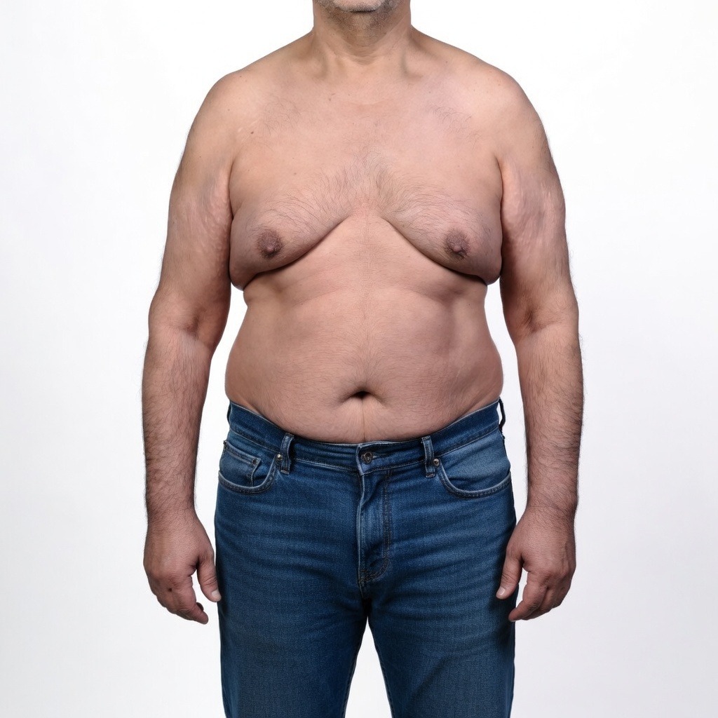 Hyper realistic, photorealistic square image (1:1 aspect ratio) before a Post Bariatric Body Contouring Surgery at Dina Elite, Cairo  It captures a respectful frontal view of an adult male patient's full body, demonstrating clear, extensive skin redundancy and laxity across his abdomen, chest, and arms  He is wearing modest black compression shorts for coverage  The photo highlights common concerns for our GCC clientele, such as stubborn sagging and localized adiposity after significant weight loss  Authentic skin texture and contours are emphasized by soft, professional medical studio lighting  The background is a clean, sterile, pure white, isolated medical environment  This pre operative clinical photo is designed to assess donor areas for GCC patients seeking elite body sculpting and tightening results 