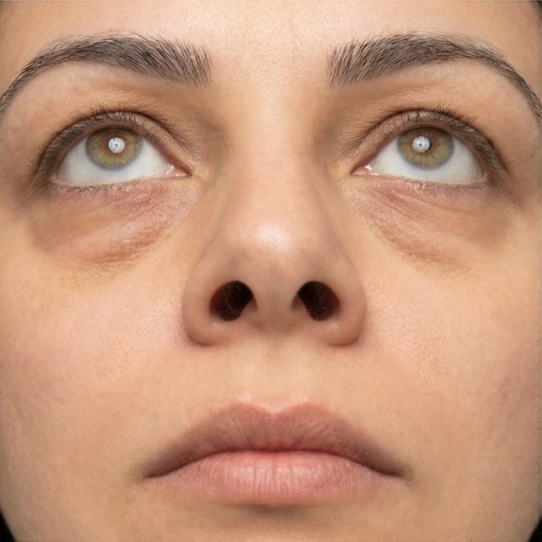 Frontal view clinical close-up of a 30-year-old Middle Eastern woman’s eyes displaying significant lower under-eye bags and heavy upper eyelid hooding (laxity) before expert surgery, as assessed at Dina Elite.