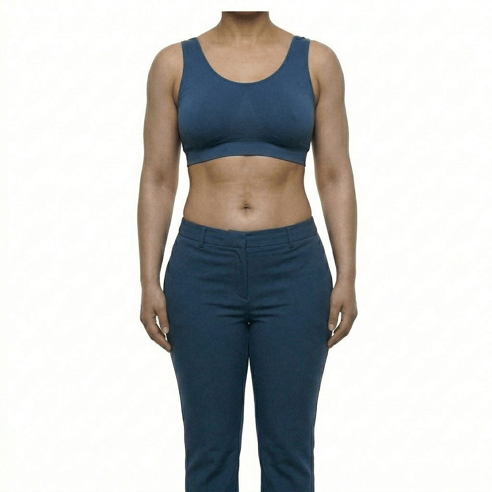Headless clinical after photo of the same woman displaying a beautifully toned, naturally athletic abdomen and sculpted waistline following 4D body contouring at Dina Elite, serving the Gulf region 