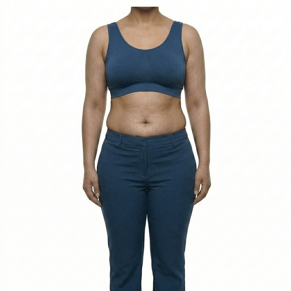 Headless clinical before photo of a woman's natural torso showing localized stubborn fat and lack of definition, prior to 4D body sculpting at Dina Elite for GCC patients 