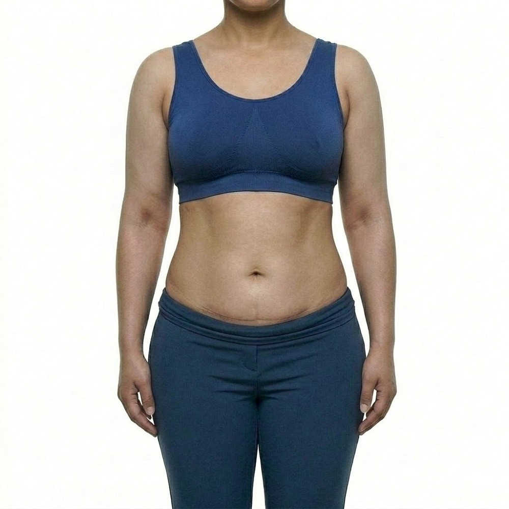 Headless clinical after photograph of the same woman displaying a dramatically flat, taut abdomen and sculpted core following comprehensive Abdominoplasty at Dina Elite for GCC patients  A low, healed scar is visible just below the waistband of the matching royal blue ribbed outfit 