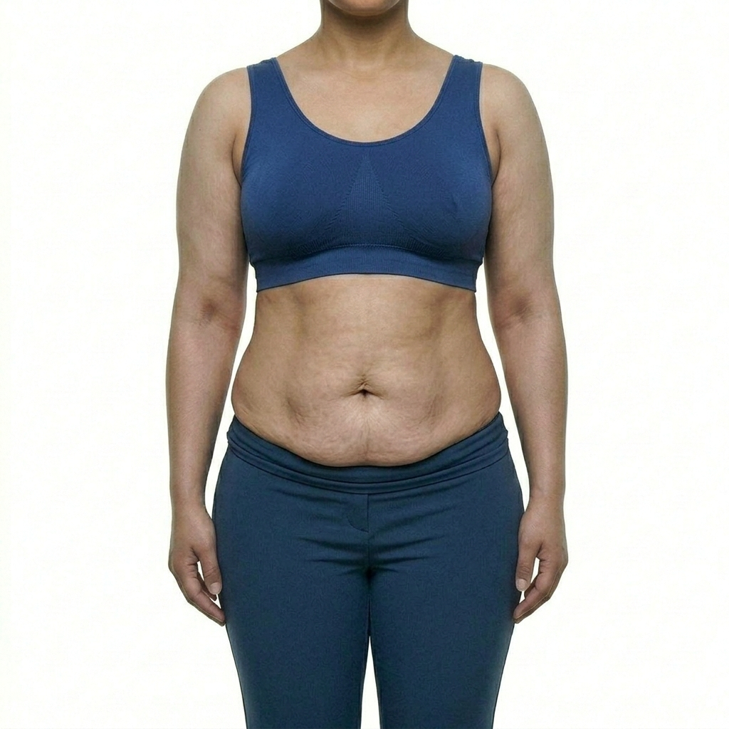 Headless clinical before photograph of a woman with significant abdominal skin laxity and redundant tissue prior to Abdominoplasty at Dina Elite, targeting patients from the Gulf countries  The patient wears a royal blue ribbed outfit 