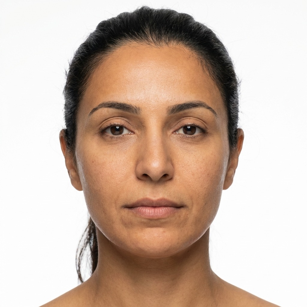 Clinical profile view showing mild skin laxity, jowls, and loss of jawline definition on a female patient before Morpheus8 radiofrequency microneedling at Maraya Clinic, Cairo  Pre treatment assessment for Dina Elite medical tourism 