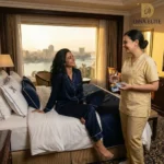 دليل السياحة العلاجية في مصر من دينا إيليت: ممرضة بزي ذهبي تقدم رعاية استشفائية فاخرة لمريضة في جناح يطل على نيل القاهرة 