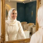 سيدة سعودية أنيقة تنظر بمرآة وتعكس نتائج التجميل المبهرة والخصوصية في مركز دينا إيليت بمصر 