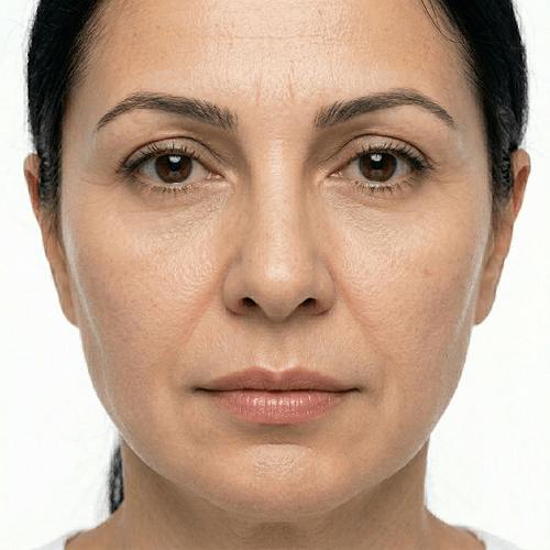 Post operative frontal clinical close up of the same patient after a Thread Lift, showcasing a visible lift in the mid face and jawline, with smoothed nasolabial folds and marionette lines, executed with absolute precision at Maraya Clinic, under Dr  Dina Khalil’s oversight 