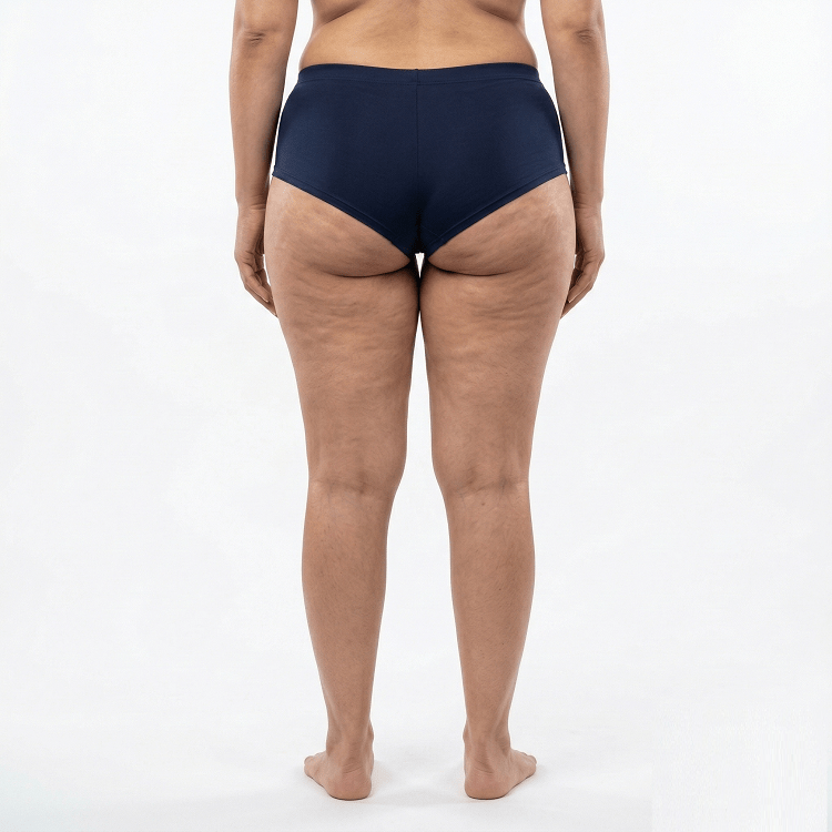 Rear view of a female patient with grade 3 cellulite and skin laxity on the thighs and buttocks before a bespoke non surgical body contouring protocol at Maraya Clinic 