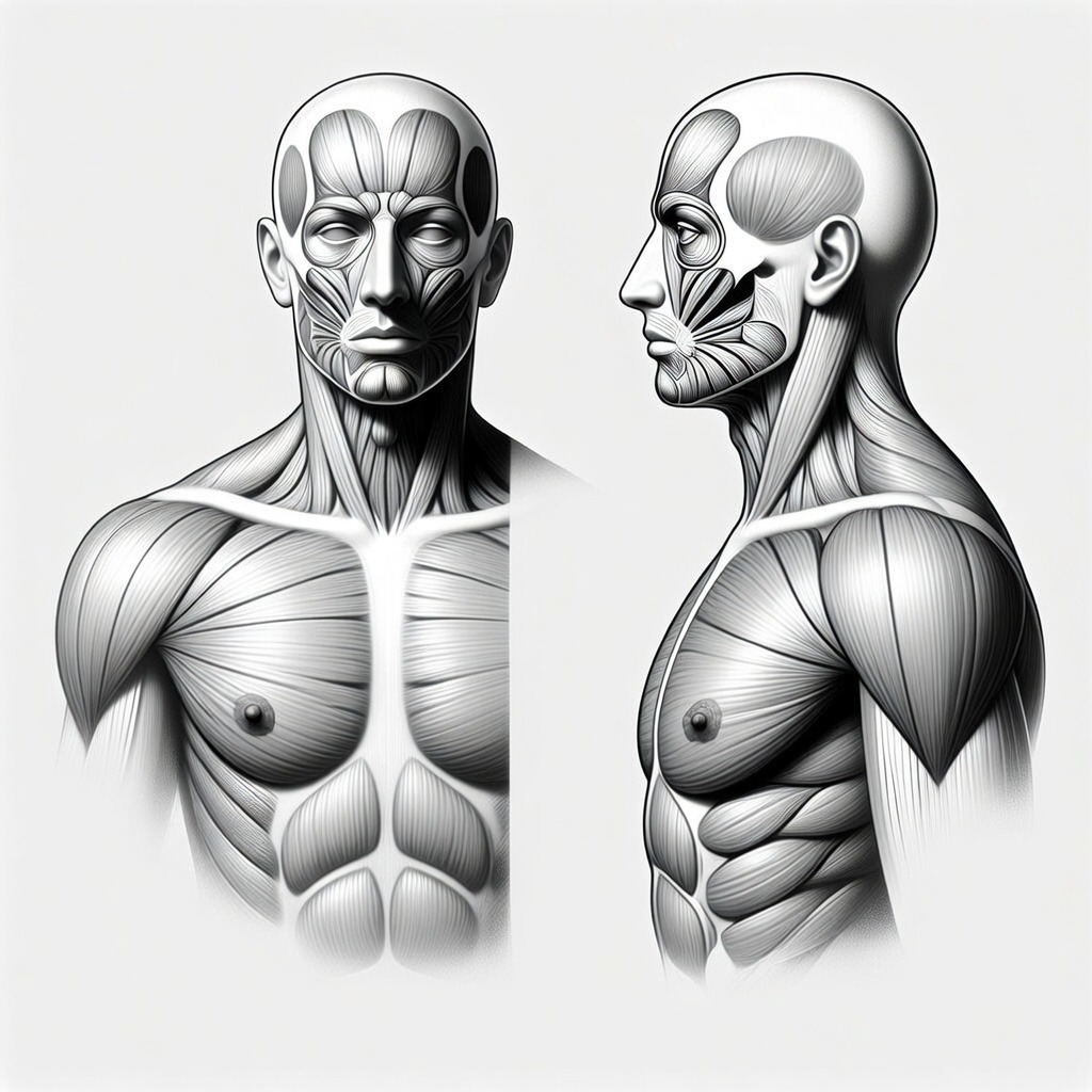 Anatomical medical illustration diagram for male gynecomastia 'Before' treatment at Dina Elite  Shows enlarged breast tissue, fat accumulation, and pérdida of muscular contour in the male chest 
