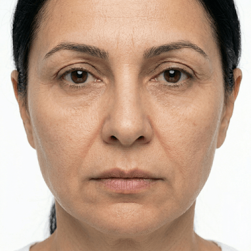 A detailed frontal clinical close up photo of a patient's mid face and jawline before a Thread Lift, showcasing classic concerns like deep nasolabial folds, marionette lines, and jowl skin laxity, requiring expert assessment at Maraya Clinic, Egypt 