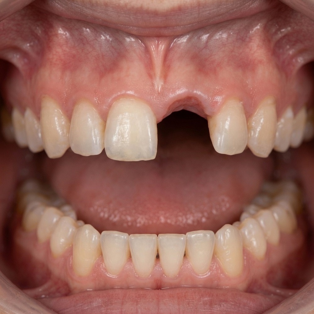 Close up of a missing upper front tooth before dental implant surgery in Cairo with Dina Elite VIP concierge 