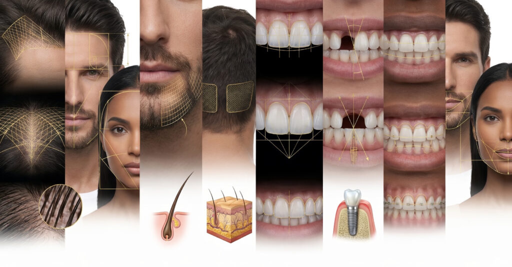 A luxurious, detailed, vertically segmented clinical chart displaying eight advanced hair and dental consultation columns  From left: Hair Restoration Density Matrix, Hairline Design Harmony Guides, Beard & Moustache Volumizing Matrix, and Donor Area Follicle Matrix (with an anatomical skin layer illustration)  Then: Hollywood Smile Transformation Guides, Dental Implant Positioning Matrix, Dental Arch Alignment Matrix, and Face & Dental Harmony Matrix  Each section is adorned with intricate clinical gold geometric mapping grids, tailored for Dina Elite clients from GCC  Skin texture is realistic 