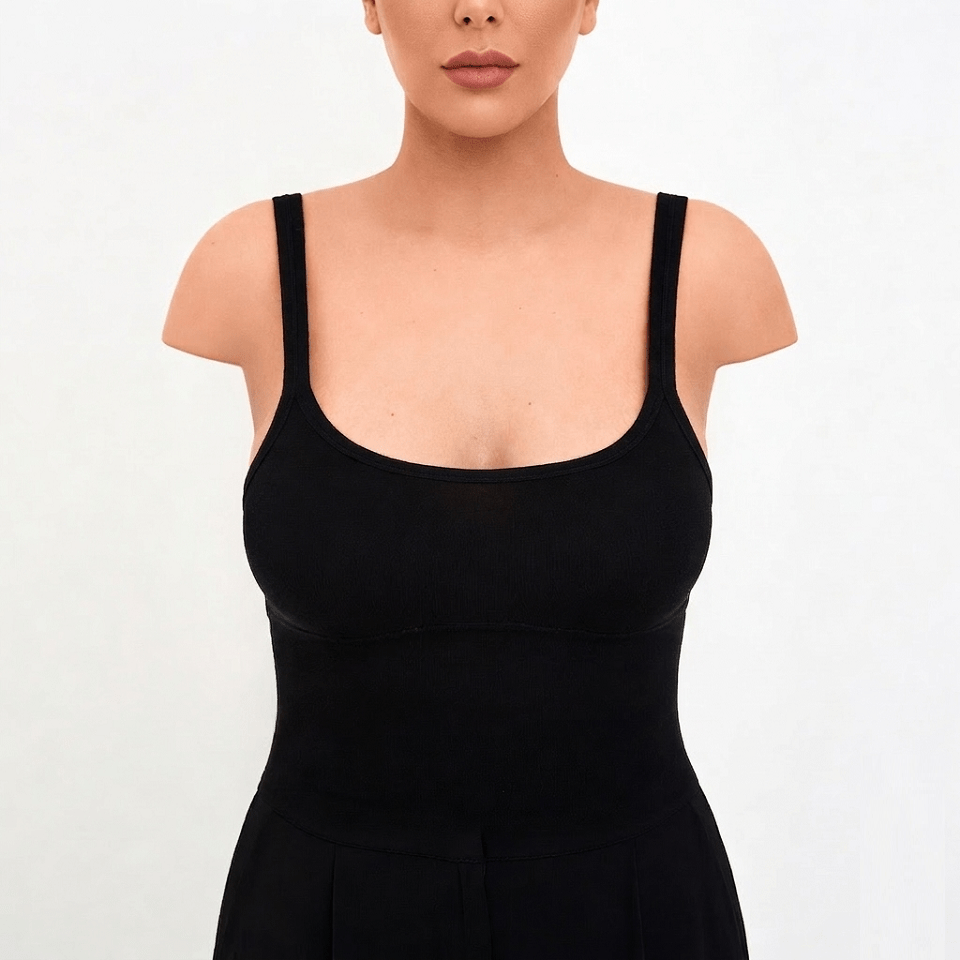 The post operative clinical photograph of the same woman from Image 1, displaying a symmetrically reduced, uplifted, and proportional breast contour following successful Elite Breast Reduction surgery managed by Dina Elite for GCC clients  She wears the identical black ribbed outfit, maintaining the same central pose on a plain white background, highlighting refined contours 