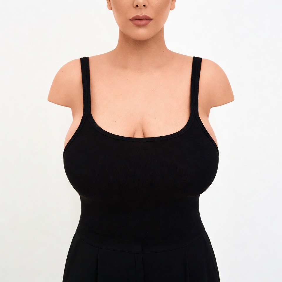 A detailed headless clinical before photograph of a Middle Eastern woman exhibiting macrosomia and breast ptosis (sagging), preparing for Elite Breast Reduction surgery managed by Dina Elite for patients from the Gulf  She is wearing a black ribbed camisole and wide leg trousers, maintaining a central standing pose on a white background 
