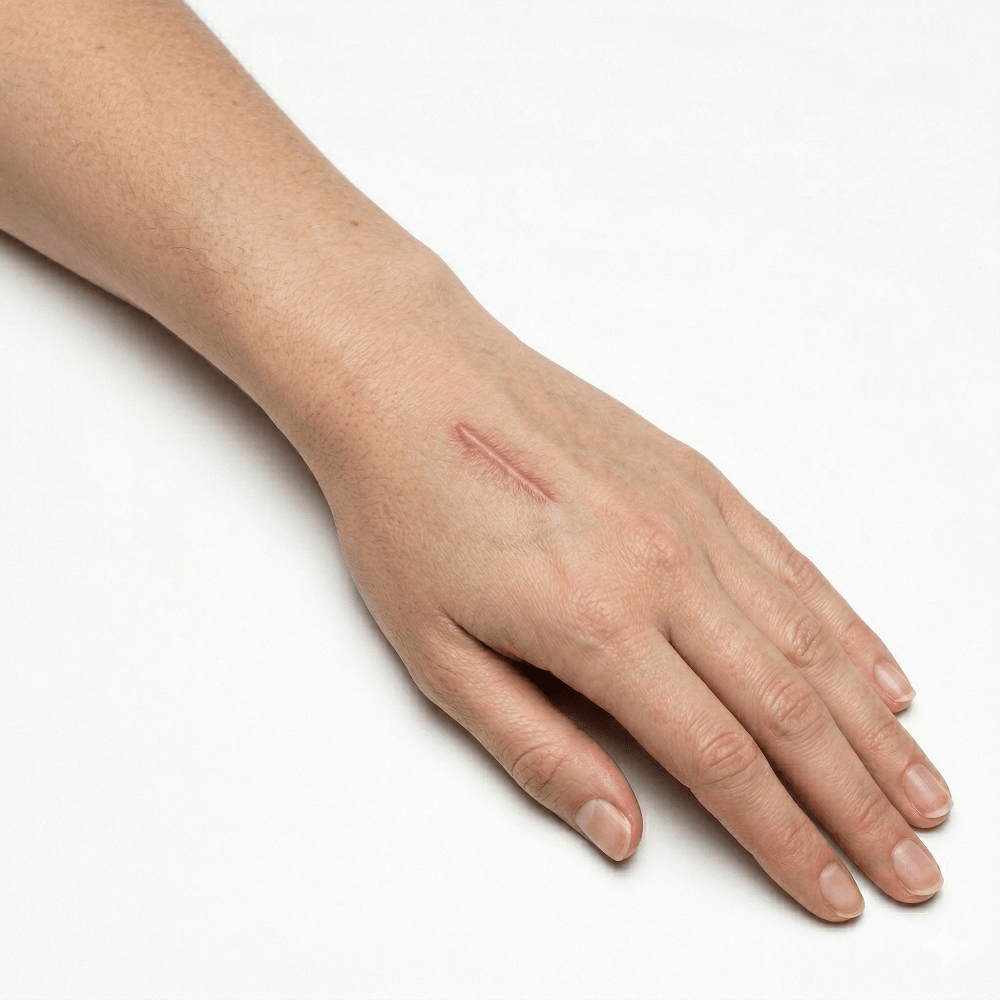 A close up clinical before photograph of a headless white woman's right hand, presented in a square 1:1 frame against a sterile pure white backdrop  On the back of the hand and wrist is a prominent, raised, old, reddish keloid or hypertrophic scar from a previous wound, suitable for reconstruction managed by Dina Elite for GCC patients  Skin texture is realistic 