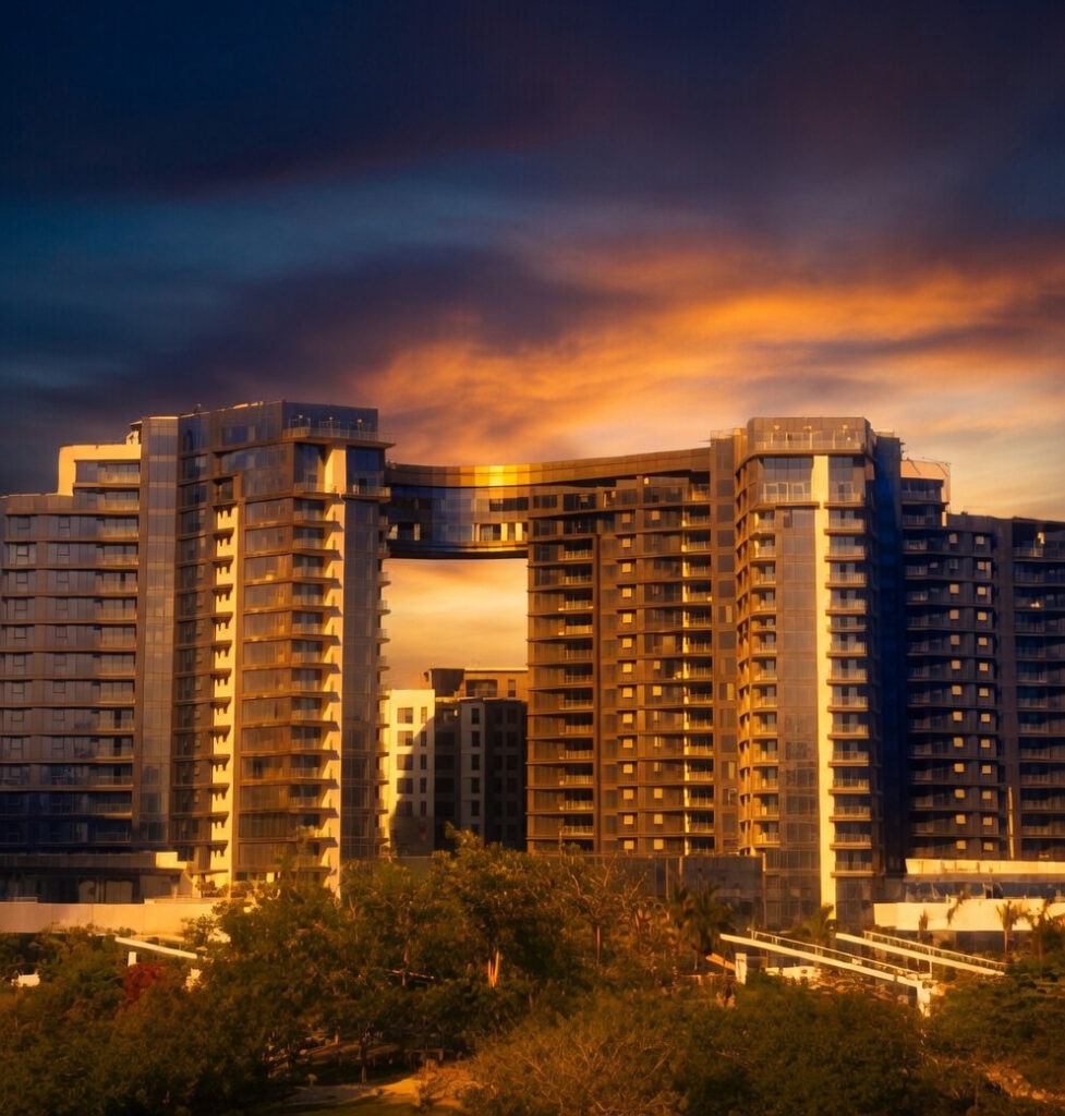 "Dina Elite's premium limousine waits on the manicured lawn of ZED Towers Sheikh Zayed, offering exclusive transport for patients of Dr  Dina Khalil and Maraya Clinic, managed by Home Elite, near integrated partner hotel suites "