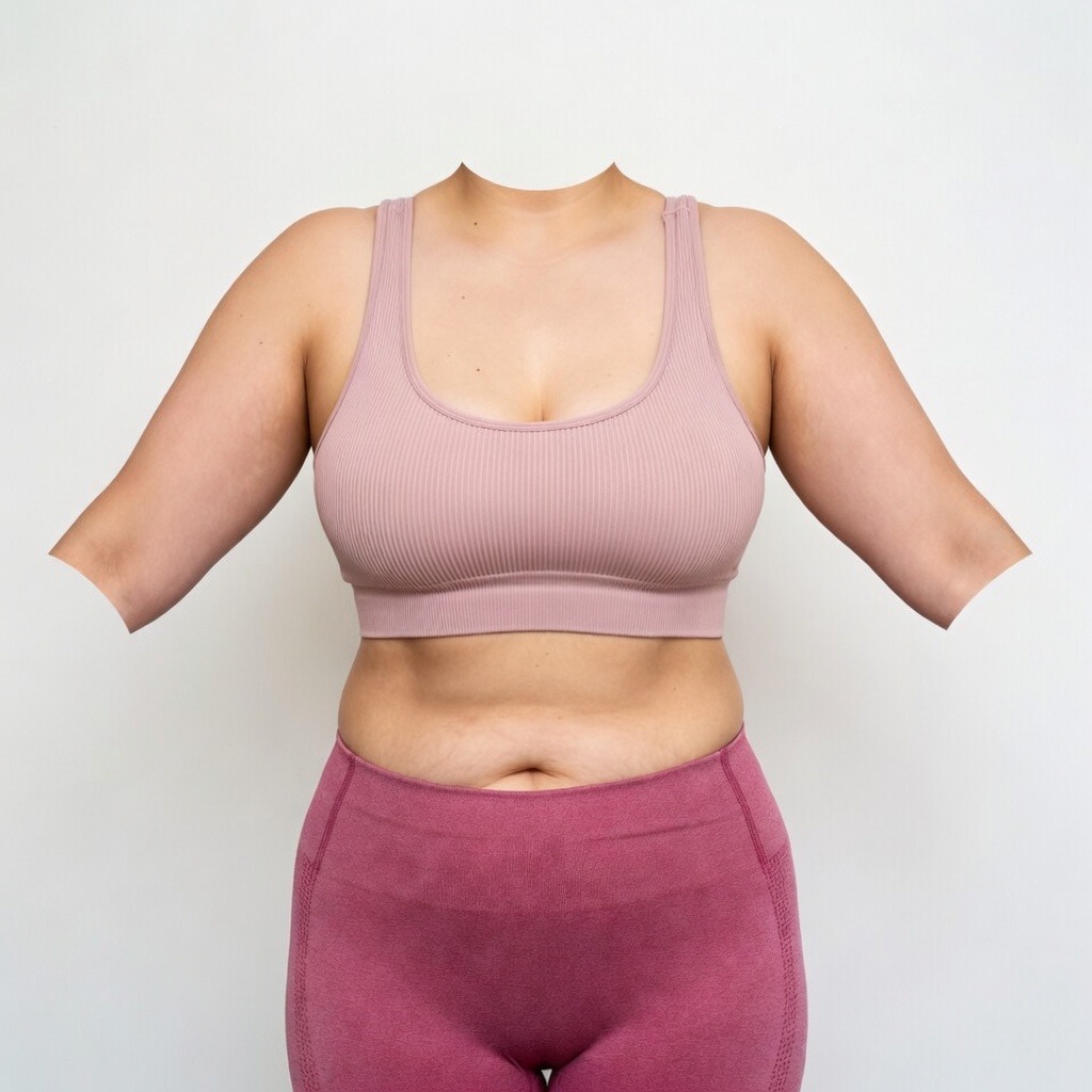 A headless, square clinical after photograph (1:1 ratio) of the same white woman, now exhibiting perfectly toned, tightened, and sleek body contours on her upper arms and thighs following an Elite Surgical Arm & Thigh Lift managed by Dina Elite for GCC patients  The excess skin and sagging tissue are gone, leaving a youthful and refined silhouette, wearing the pink athletic outfit against the sterile white background 