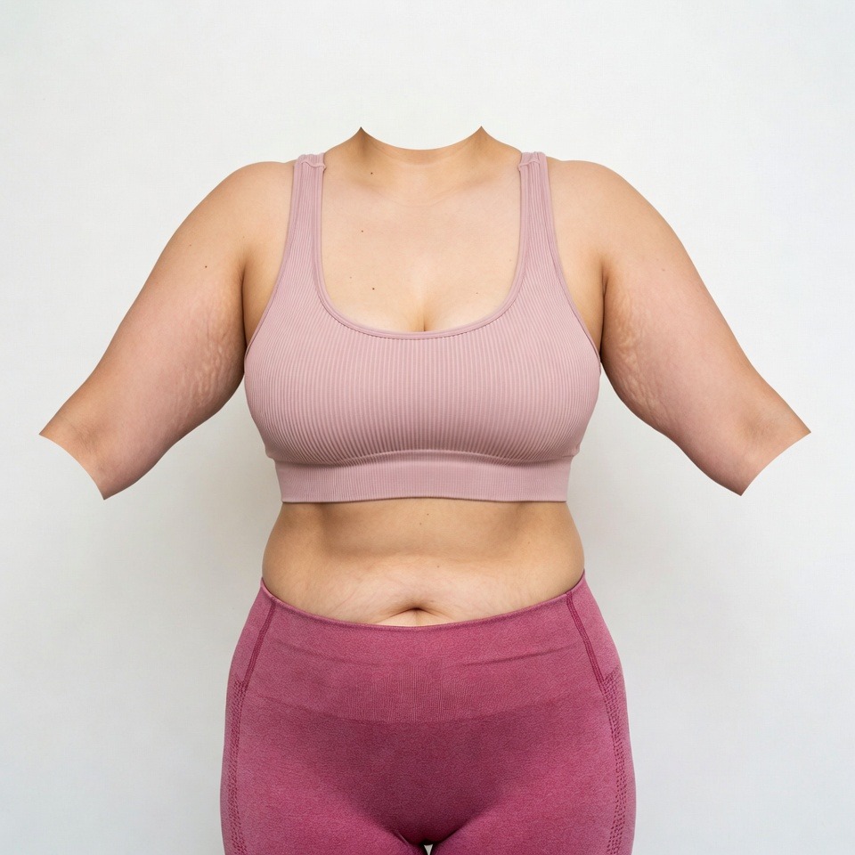 A headless, square clinical before photograph (1:1 ratio) of a white woman exhibiting significant excess skin laxity and sagging tissue on her upper arms (brachioplasty needed) and inner thighs (thighplasty needed)  She is preparing for an Elite Surgical Arm & Thigh Lift managed by Dina Elite for GCC patients, wearing a pink athletic outfit against a sterile white background 