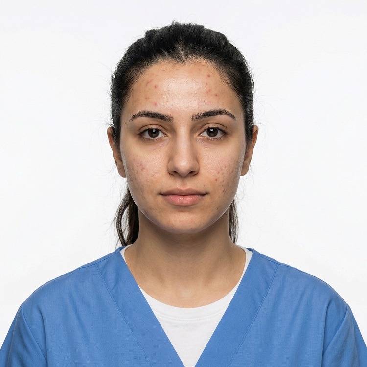 Close up facial portrait of a woman with active acne, inflammation, and deeply congested pores before a customized HydraFacial treatment at Maraya Clinic in Cairo, Egypt, led by Dr  Dina Khalil  Identity protected with a black bar 