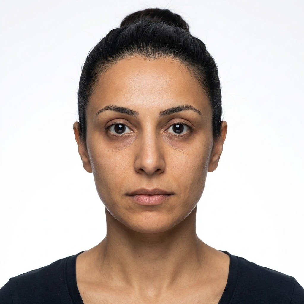 Clinical portrait of a patient showing visible signs of fatigue, skin dullness, and dehydration before a personalized IV Drip Wellness session at Maraya Clinic, Cairo  Baseline assessment for Dina Elite medical tourism patients 