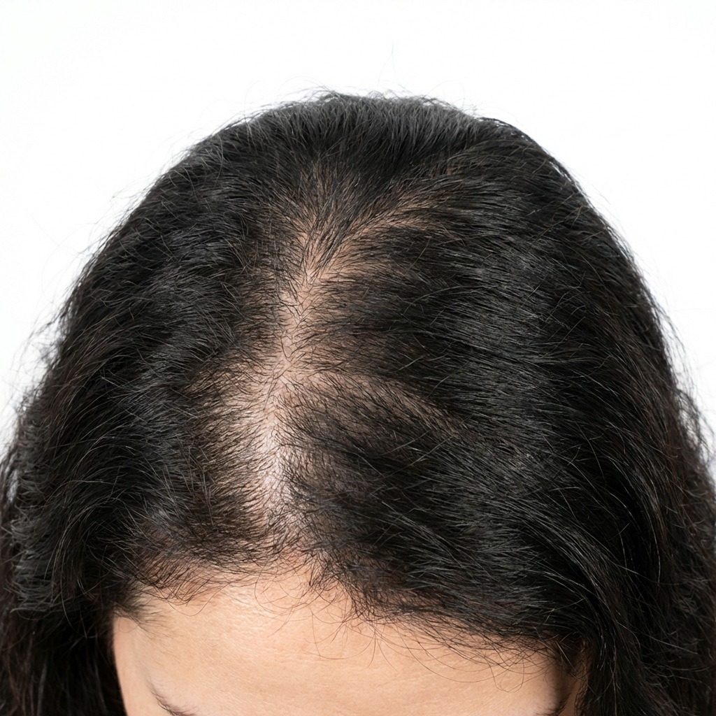 Clinical photograph showing dull skin texture, fine lines, and hollowing on the face, alongside early female pattern hair thinning on the scalp before customized PRP therapy at Maraya Clinic, Cairo, under Dr  Dina Khalil's supervision  Initial Dina Elite medical tourism assessment 