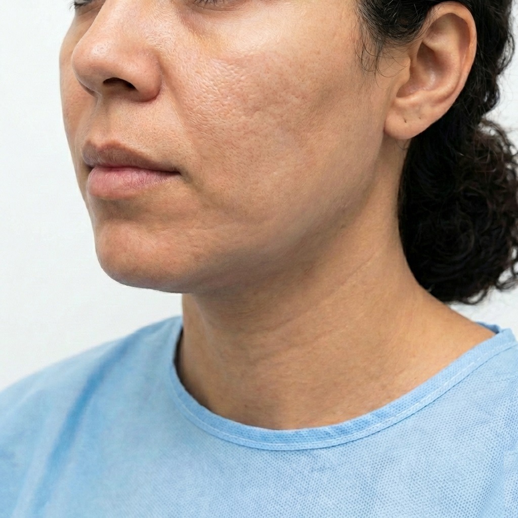 Close up frontal clinical portrait showing severe neck scars, burn contractures, and post burn pigmentation on a female patient before custom CO2 Laser resurfacing at Maraya Clinic in Cairo, Egypt, managed by Dr  Dina Khalil 