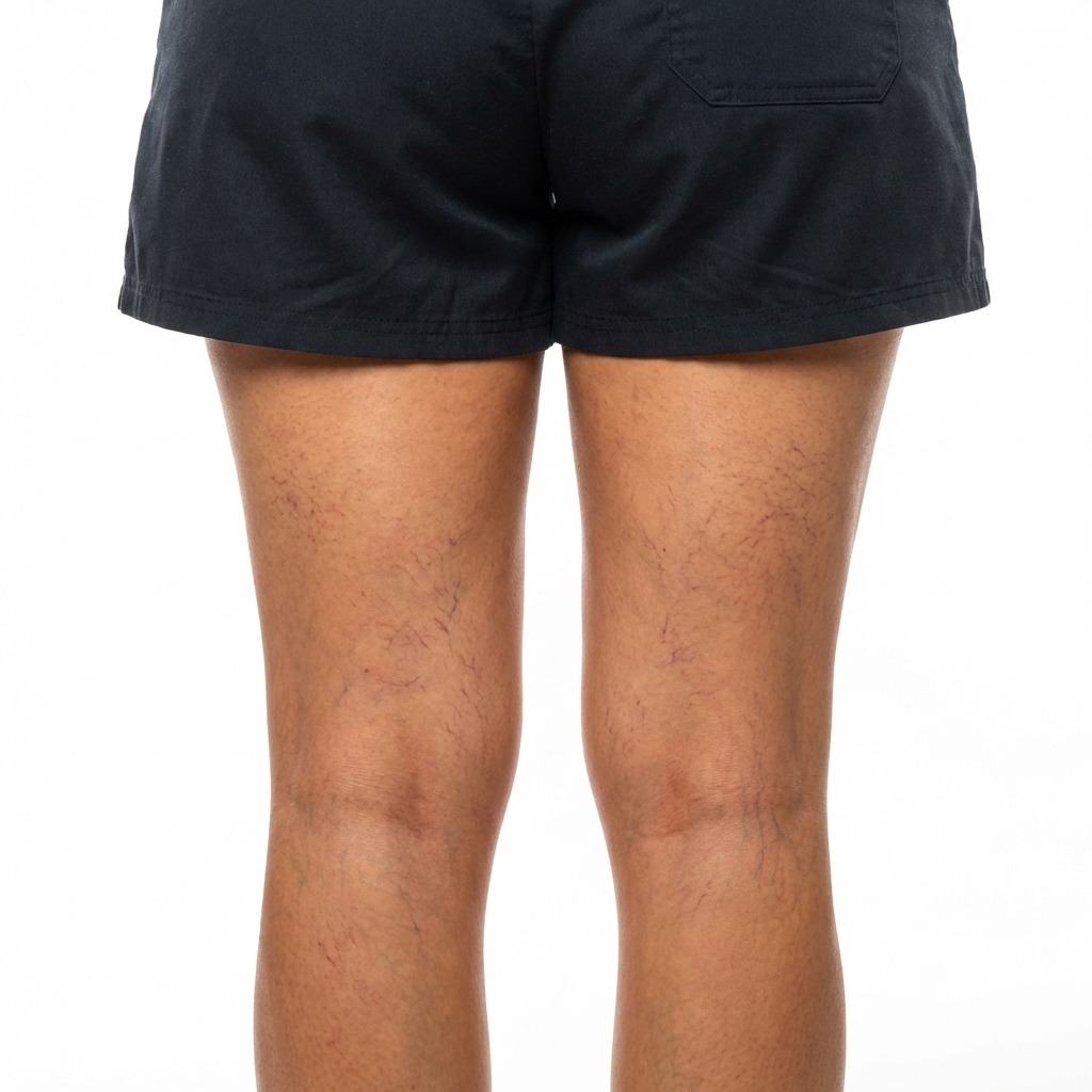 Close up clinical view of visible spider veins and broken capillaries on a patient's leg before Long pulse Nd:YAG laser treatment at Maraya Clinic, Cairo, under Dr  Dina Khalil’s supervision 