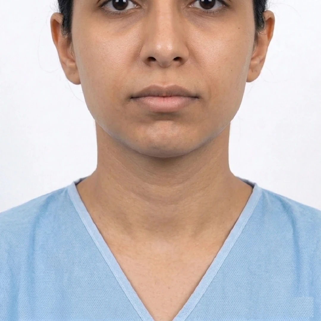 Frontal view showing the successful result of a Deep Plane Facelift with restored cheek volume, a sharp jawline, and smoother skin texture at Dina Elite clinic 