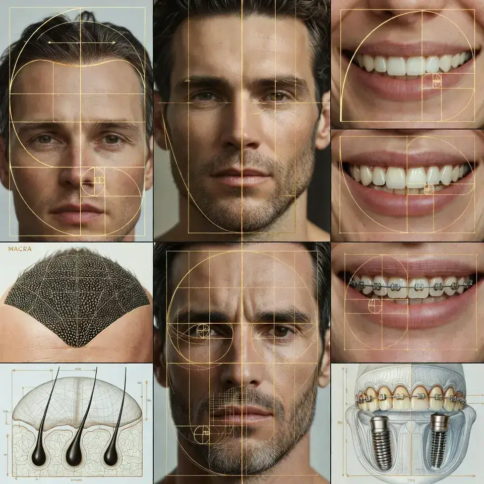 A luxurious, detailed, vertically segmented clinical chart displaying eight advanced hair and dental consultation columns  From left: Hair Restoration Density Matrix, Hairline Design Harmony Guides, Beard & Moustache Volumizing Matrix, and Donor Area Follicle Matrix (with an anatomical skin layer illustration)  Then: Hollywood Smile Transformation Guides, Dental Implant Positioning Matrix, Dental Arch Alignment Matrix, and Face & Dental Harmony Matrix  Each section is adorned with intricate clinical gold geometric mapping grids, tailored for Dina Elite clients from GCC  Skin texture is realistic 