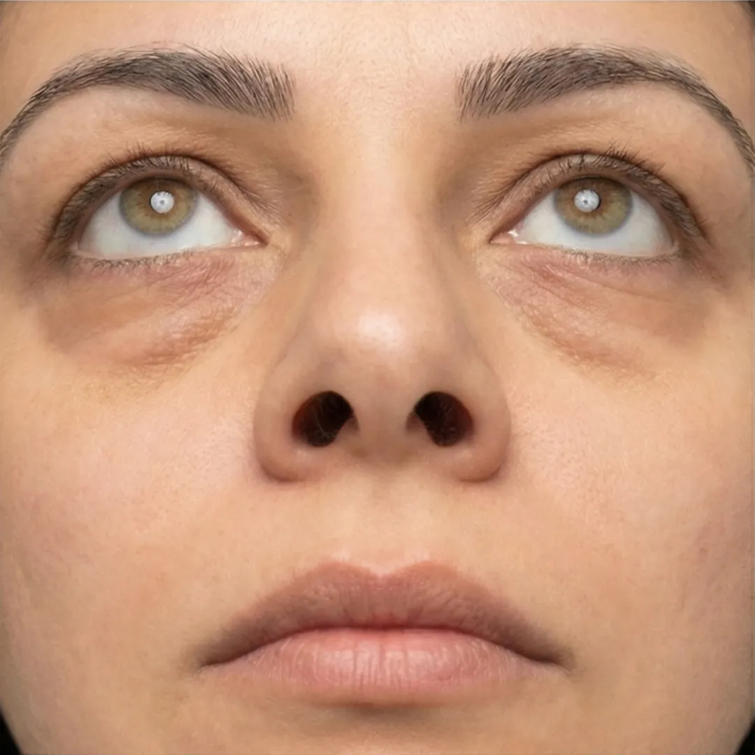 Frontal view clinical close up of a 30 year old Middle Eastern woman’s eyes displaying significant lower under eye bags and heavy upper eyelid hooding (laxity) before expert surgery, as assessed at Dina Elite 