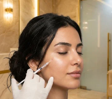 طبيبة مختصة تقوم بإجراء حقن البوتوكس والفيلر بدقة لاستعادة حجم الوجه بتوازن طبيعي في عيادة دينا إيليت 