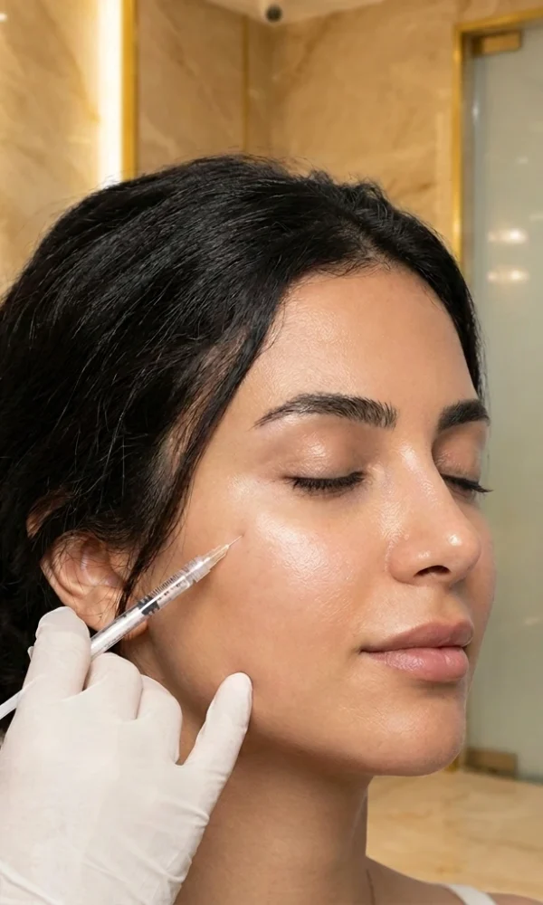 طبيبة مختصة تقوم بإجراء حقن البوتوكس والفيلر بدقة لاستعادة حجم الوجه بتوازن طبيعي في عيادة دينا إيليت 