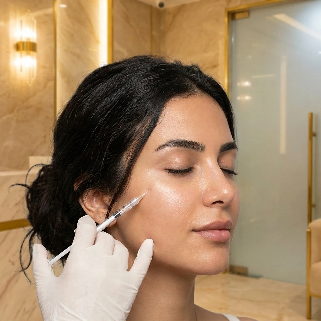 طبيبة مختصة تقوم بإجراء حقن البوتوكس والفيلر بدقة لاستعادة حجم الوجه بتوازن طبيعي في عيادة دينا إيليت 