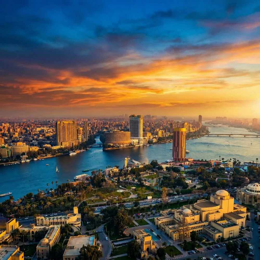 Breathtaking aerial sunset view of the Nile River in Central Cairo, featuring the St  Regis Cairo and Nile Ritz Carlton, a premier luxury destination for Dina Elite medical tourism and concierge clients from Saudi Arabia, United Arab Emirates, Qatar, Kuwait, Bahrain, Oman, Jordan, Iraq, Lebanon, Libya, Palestine, Yemen, Syria, Sudan, Morocco, Algeria, Tunisia, Mauritania, Djibouti, Somalia, and Comoros 