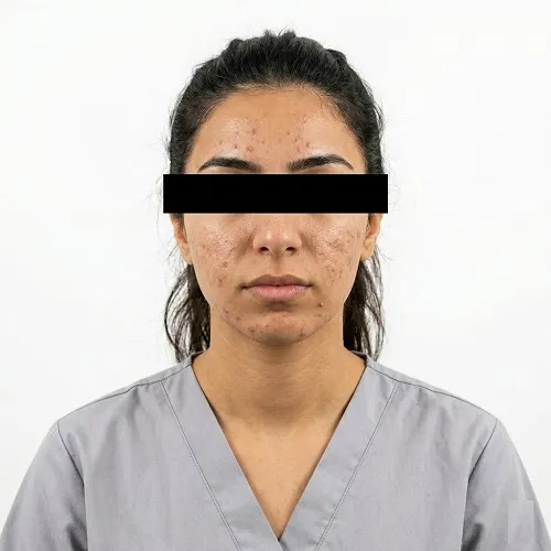 Close up clinical portrait of an Eastern female patient with active acne, post inflammatory hyperpigmentation, and uneven skin texture before a medical grade Chemical Peel at Maraya Clinic, Cairo  Identity protected with a black bar, showing a baseline for elite patients from KSA, Jordan, and Libya 