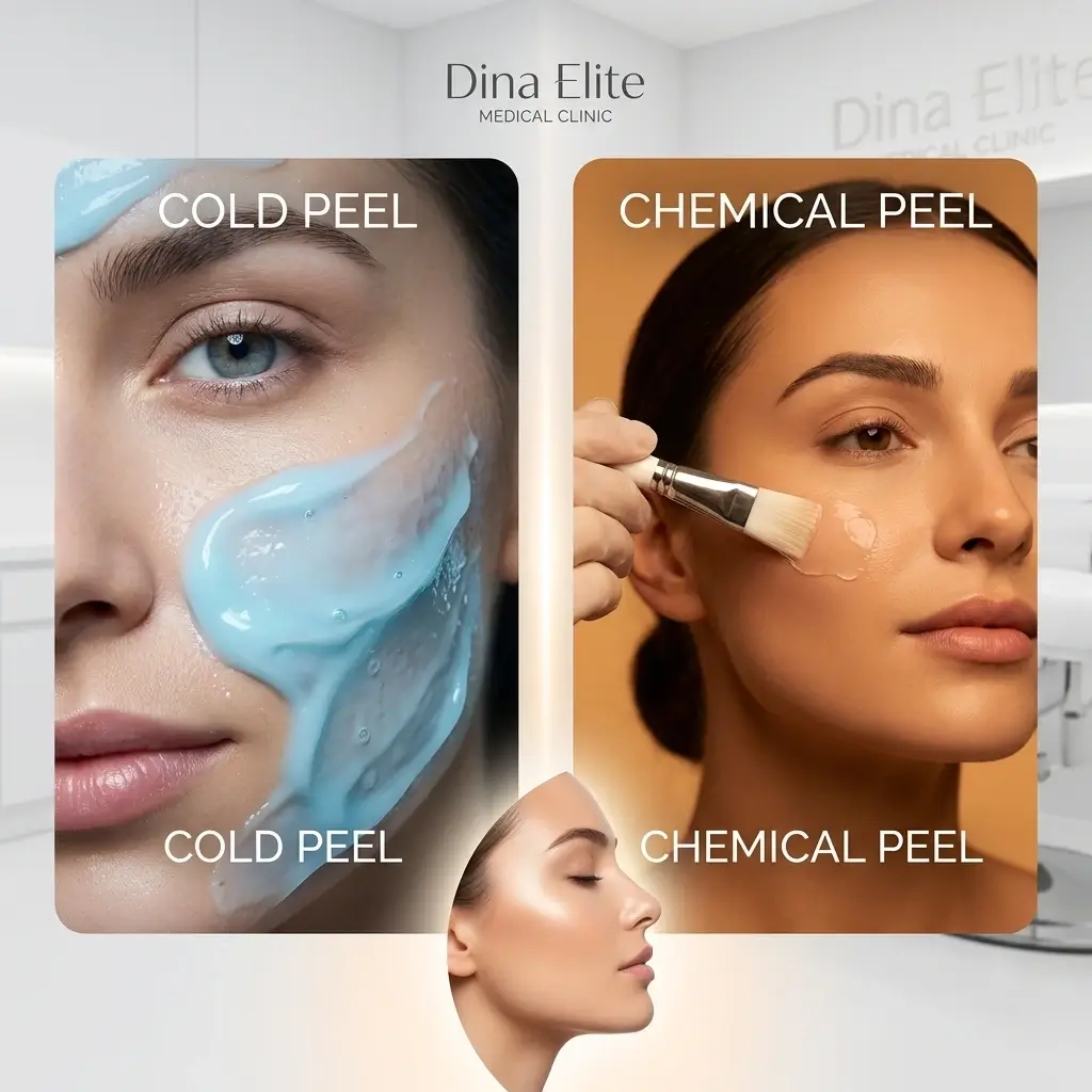 مقارنة بين نتائج التقشير الكيميائي والتقشير البارد في مركز Dina Elite بالقاهرة 
