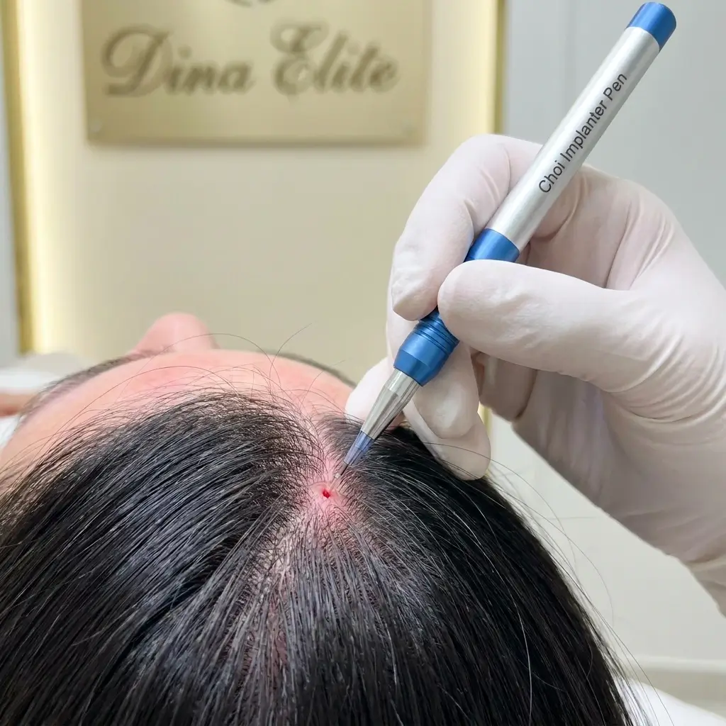 إجراء زراعة الشعر بتقنية DHI المباشرة باستخدام أقلام تشوي في مركز Dina Elite