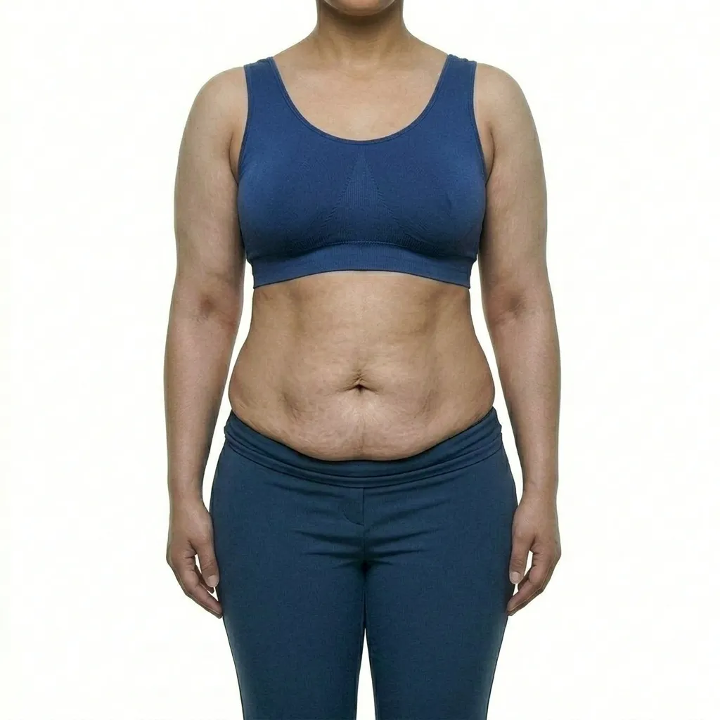 Headless clinical before photograph of a woman with significant abdominal skin laxity and redundant tissue prior to Abdominoplasty at Dina Elite, targeting patients from the Gulf countries  The patient wears a royal blue ribbed outfit 