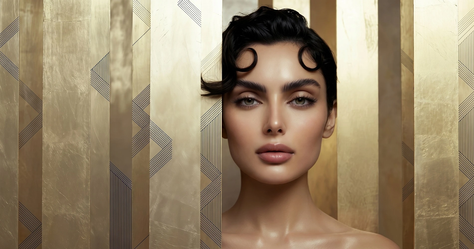 صورة فوتوغرافية واقعية فائقة الدقة تُظهر الملف الشخصي لامرأة بملامح سعودية وبشرة نضرة. تم تراكب خطوط خرائط تجميلية دقيقة جداً باللون الأزرق النيلي، تمثل النحت رباعي الأبعاد المتقدم والطب التجميلي الدقيق من قبل الدكتورة دينا خليل في مرايا كلينيك القاهرة. تحيط بها طبقات هندسية من الذهب الباهت وتركيبة شبكية معمارية "بينتو". لا يوجد نص. 8k.