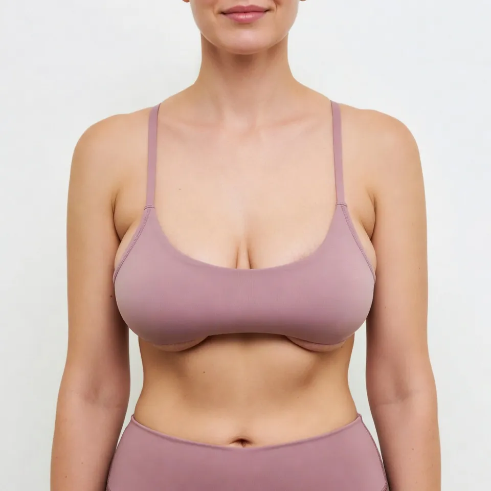 A headless, square clinical before photograph of a white woman exhibiting post pregnancy breast deflation and significant ptosis (sagging)  She is preparing for an Elite Breast Augmentation & Lift procedure managed by Dina Elite for GCC patients, wearing a pink athletic outfit against a sterile white background 