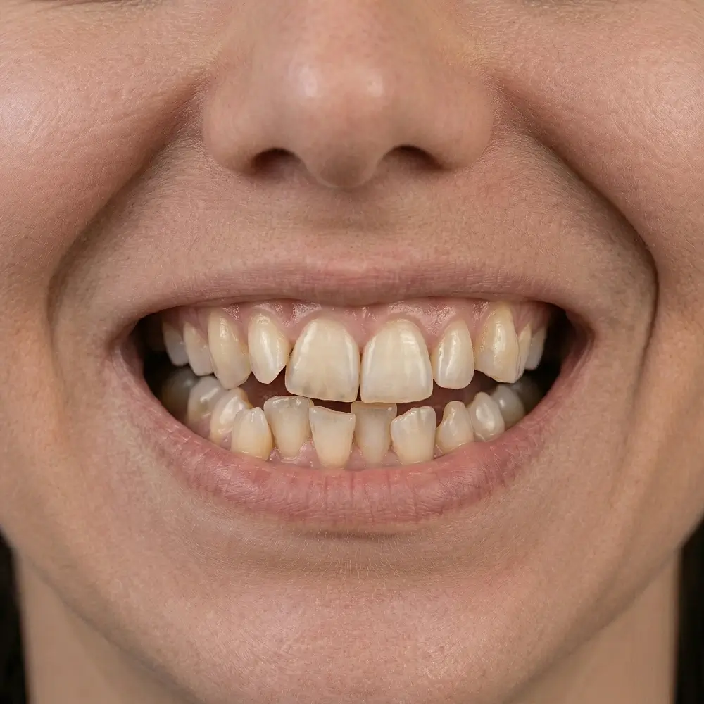 Pre treatment dental condition showing misalignment and tooth discoloration before Hollywood Smile veneers in Egypt 