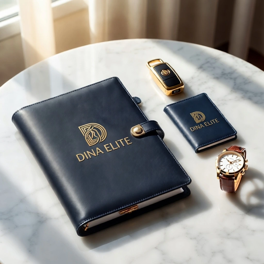 A luxury flat lay of Dina Elite VVIP medical tourism kit featuring a navy blue leather file with gold embossed logo, car keys, and a leather watch on a white marble table, symbolizing premium concierge services in Egypt 