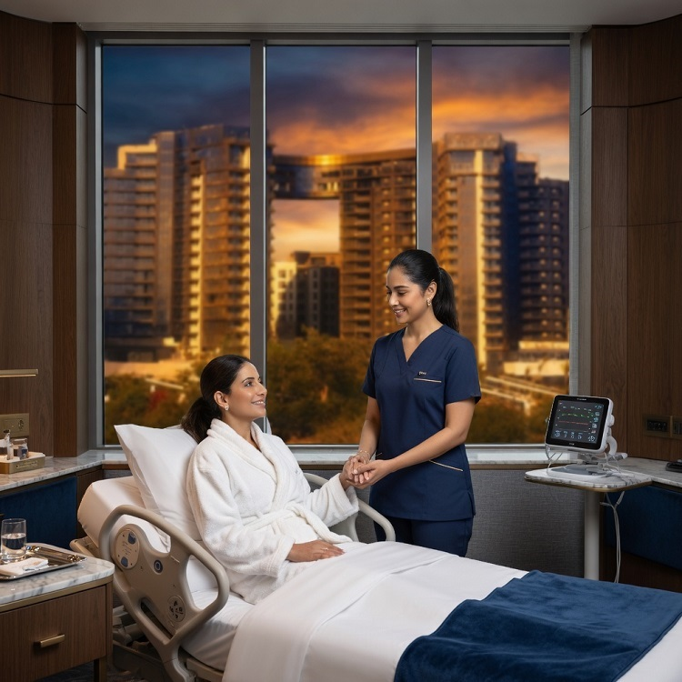 "Dina Elite private nurse provides high end aftercare to a patient in a ZED Towers suite, managed by Concierge Home Elite under the clinical supervision of Dr  Dina Khalil and Maraya Clinic " The Pinnacle of Post Surgical Recovery 