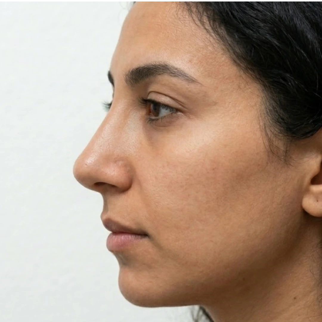 Close up profile view of the same young woman one year after custom rhinoplasty at Dina Elite in Egypt, showing natural looking, refined nasal structure and optimized tip projection 