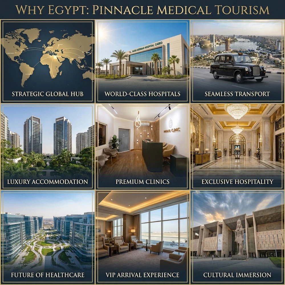 Luxury medical tourism in Egypt by Dina Elite featuring Dr  Dina Khalil at Maraya Clinic, Saudi German Hospital, and 5 star Nile accommodations for GCC and Jordan VIP patients 