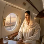 سيدة خليجية أنيقة تنظر من نافذة الطائرة، تمثل بداية رحلة تجميلية من دبي إلى مصر للحصول على خدمات طبية فاخرة في عيادات دينا إيليت 