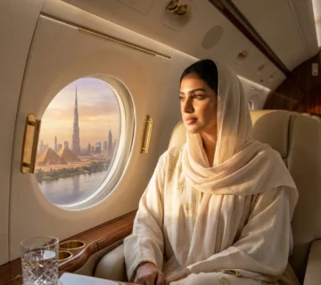سيدة خليجية أنيقة تنظر من نافذة الطائرة، تمثل بداية رحلة تجميلية من دبي إلى مصر للحصول على خدمات طبية فاخرة في عيادات دينا إيليت 