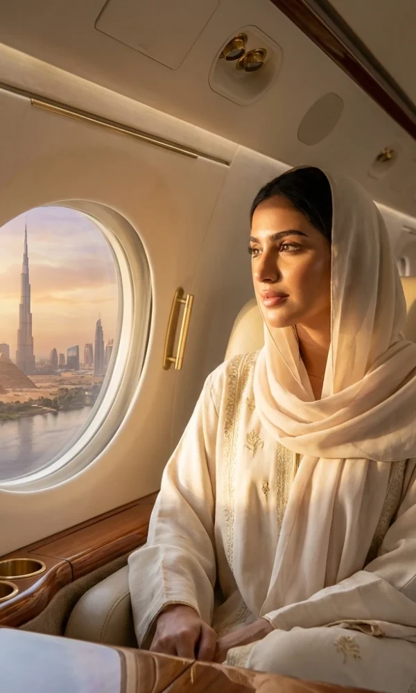 سيدة خليجية أنيقة تنظر من نافذة الطائرة، تمثل بداية رحلة تجميلية من دبي إلى مصر للحصول على خدمات طبية فاخرة في عيادات دينا إيليت 